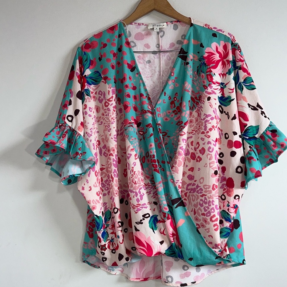 Umgee Floral Print Blouse - Pink and Teal